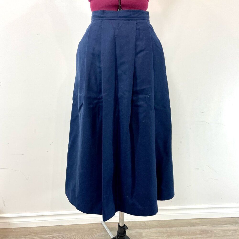 Vintage Sportlight Petites 100% Wool Plaid Front Midi Skirt HIgh Waist Navy XS